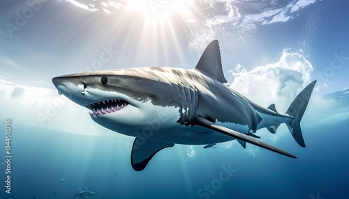 Wallpaper Mural Great white shark swimming in ocean water against bright sunlight Torontodigital.ca