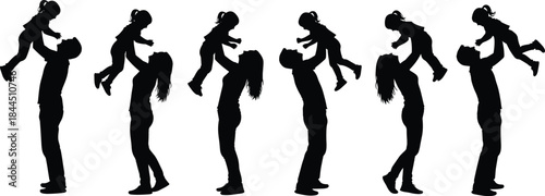 Family Silhouette Sequence Showing Parent Lifting Child in Playful Moments of Love, Bonding, and Happy Childhood on White Background