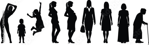 Female life stages silhouette from childhood to old age showing growth, pregnancy, career, aging journey, human development concept illustration