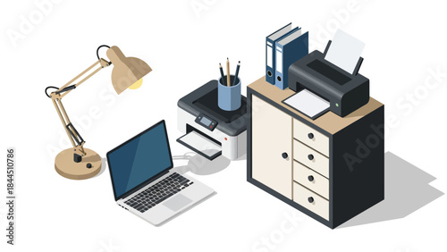Isometric office workspace with laptop, printer, and desk accessories