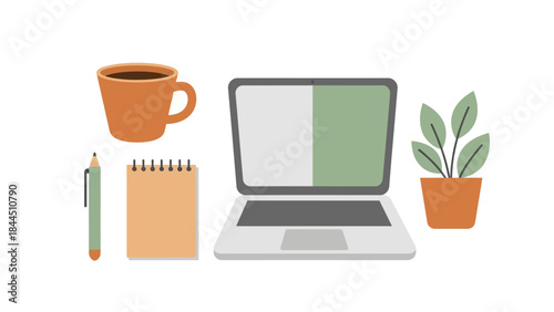 Minimalist workspace with laptop, coffee cup, plant, and notebook
