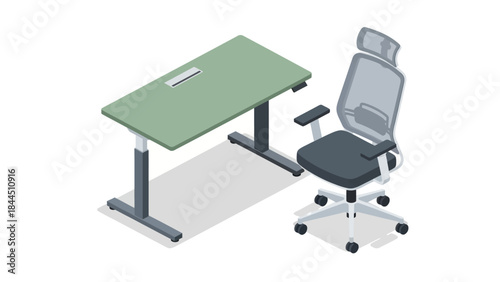Modern office furniture set with adjustable desk and ergonomic chair in isometric style