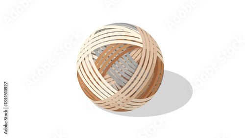 3d wooden sphere with interwoven strips on white background