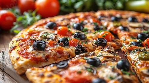 Olive tomato mushroom pizza, rich topping meal, for restaurant menus and food promotion