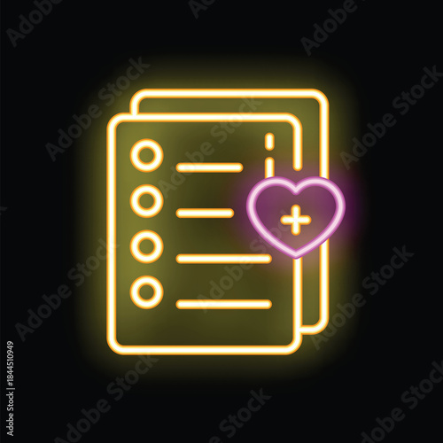 Neon glowing icon of documents for health insurance representing medical record, health care, and patient data