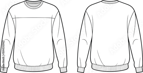Front and back view fashion illustration of a white crew neck sweatshirt with ribbed cuffs and hem sweater