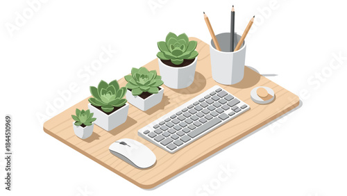 Modern office desk with keyboard, mouse, and succulent plants in isometric style
