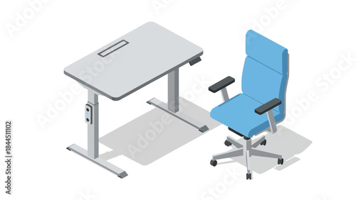 Modern office furniture set with adjustable desk and ergonomic chair in isometric view