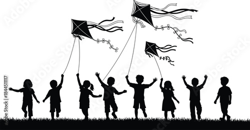Joyful children silhouettes flying kites outdoors, playful childhood freedom, teamwork and happiness in nature illustration black white concept art