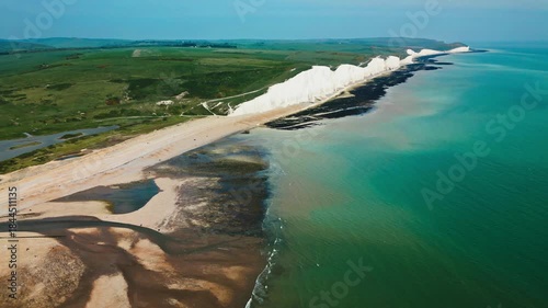 Aerial view over the famous white cliffs of The Seven Sisters Dover, south England.