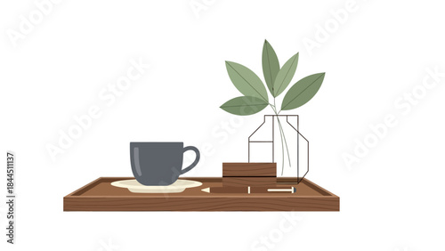 Minimalist coffee tray with mug and plant in geometric vase