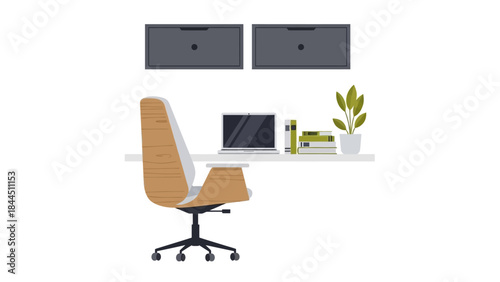 Modern office workspace with chair, laptop, and books