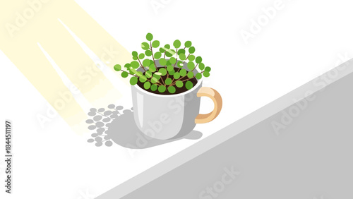 Sunlit indoor plant in modern white mug on minimalist surface