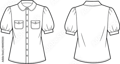 Front and Back View of a White Short Sleeve Blouse with Peter Pan Collar and Pockets Keywords: blouse, shirt, clothing, apparel