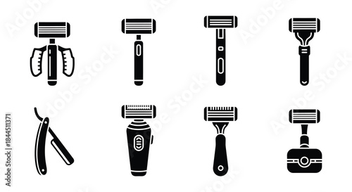 Collection of various black silhouette razor illustrations for shaving and grooming