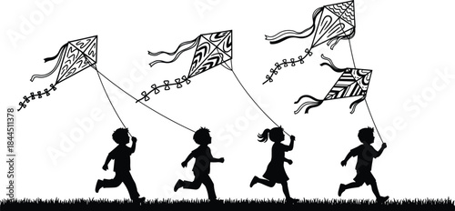Silhouette of children running and flying decorative kites outdoors, joyful childhood play scene, freedom, imagination, and summer activity illustration