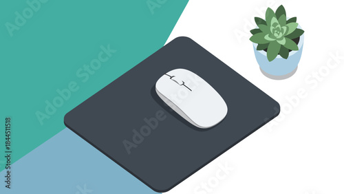 Modern workspace with minimalistic mouse and succulent on geometric background