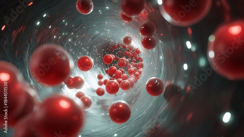 Fototapeta Naklejka Na Ścianę i Meble -  Red blood cells flowing through a blood vessel or artery in a microscopic view, 3d rendering
