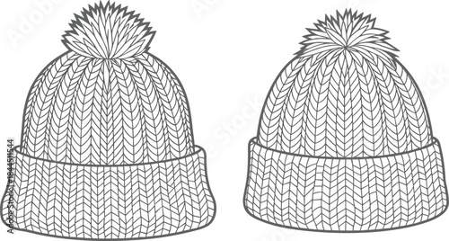 Gray line art sketches of two knitted beanies with pom-poms and textured patterns Keywords: beanie, hat, winter hat, pom-pom