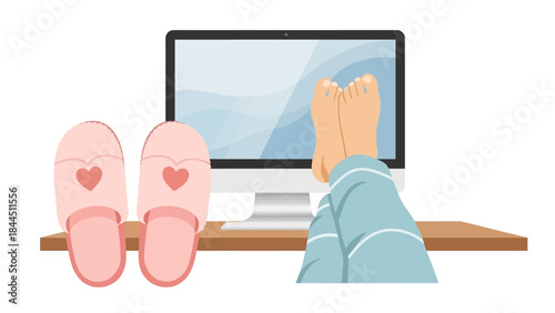 Cozy work from home scene with relaxed feet on desk and computer