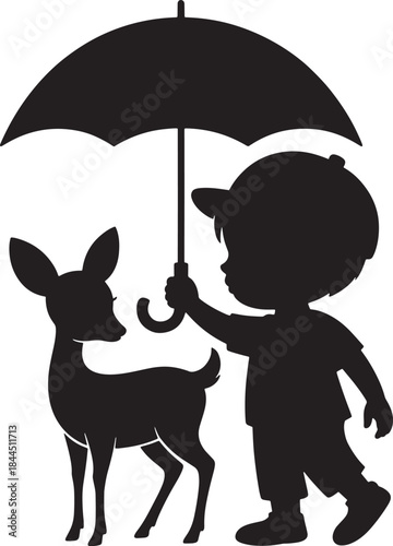 Silhouette of a cute dree with an umbrella cartoon vector illustration