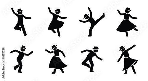 Silhouette collection of people dancing in various joyful poses and outfits