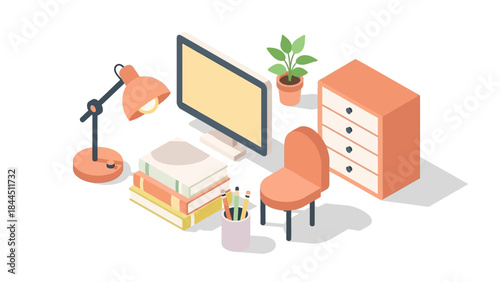Modern isometric home office workspace with computer and books