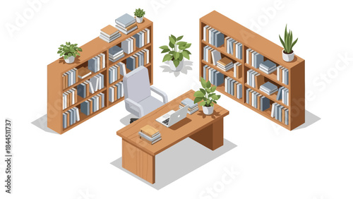 Modern isometric home office with bookshelves and office chair
