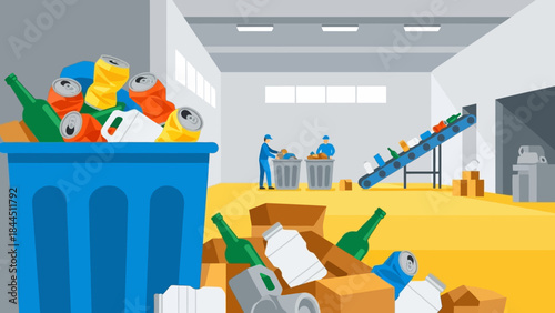 Recycling center activity with workers and conveyor belt in modern facility