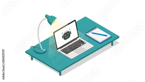 Isometric desk with laptop and robot screen, lamp, notebook, and pen