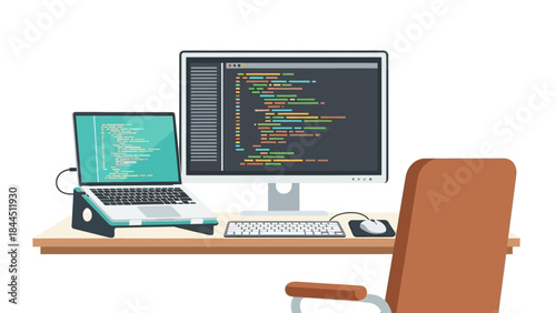 Minimalist workspace with coding on dual monitors and modern laptop stand