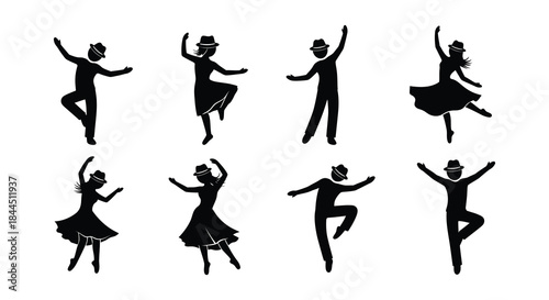 Silhouette collection of people dancing in various joyful poses and outfits