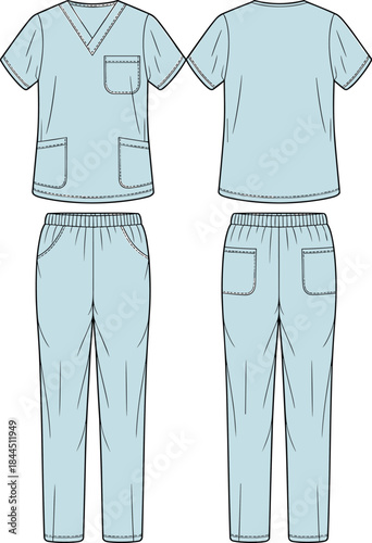 Medical Scrubs Set Front and Back View on White Background Keywords: medical, scrubs, uniform, healthcare, doctor, nurse, medical