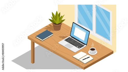 Minimalist workspace with laptop, coffee, and notebooks in isometric style