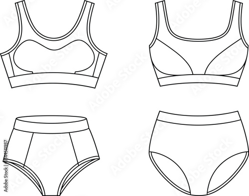 Outline Illustrations of Sports Bras and High- Waisted Briefs in Various Styles Keywords: sports bra, underwear, briefs