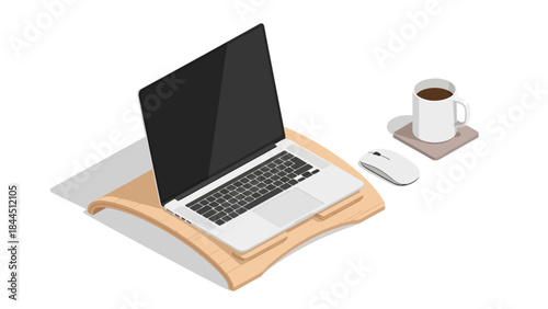 Stylish workspace with elevated laptop stand, mouse, and coffee cup in isometric design