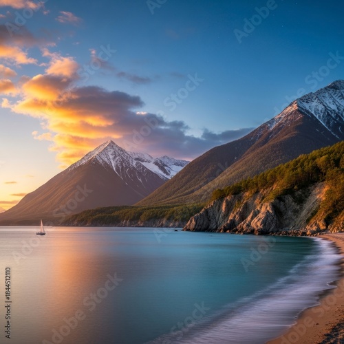 Wallpaper Mural Coastal landscape with mountains and boat during golden hour sunset Torontodigital.ca