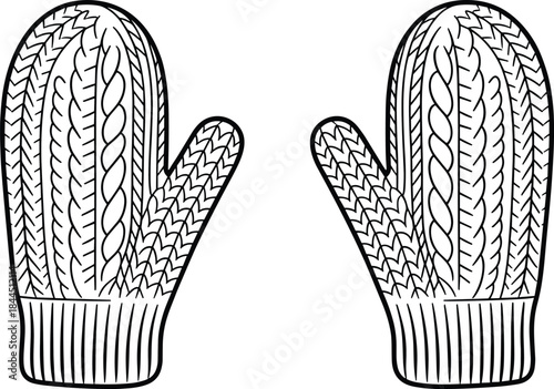 Pair of black and white knitted mittens with cable knit pattern on white background gloves winter