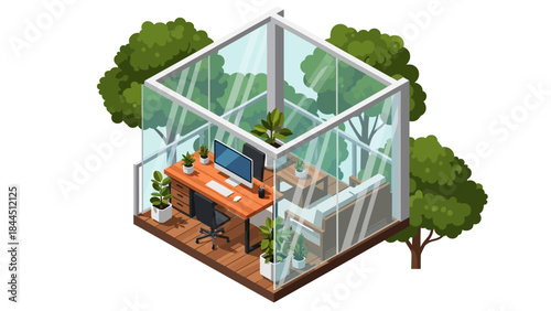 Modern glass office pod in nature with greenery and natural light