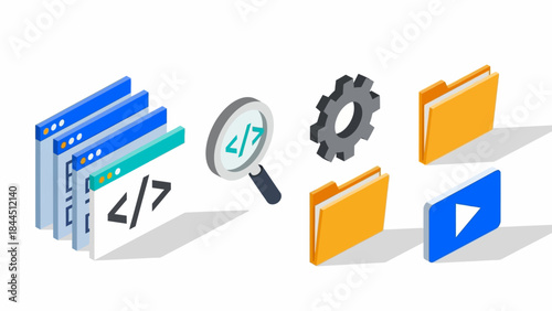 Isometric web development: code files, browser windows, and tools