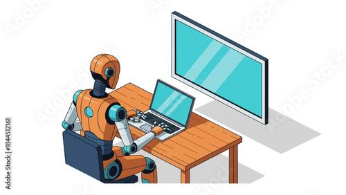 Futuristic robot working on laptop in modern workspace setting