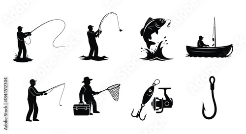 Black silhouettes depicting various fishing activities and related equipment