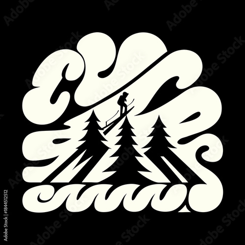 Silhouette skier descending snowy slope with trees