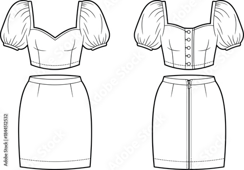 White puff sleeve sweetheart neckline top and skirt front and back apparel clothing