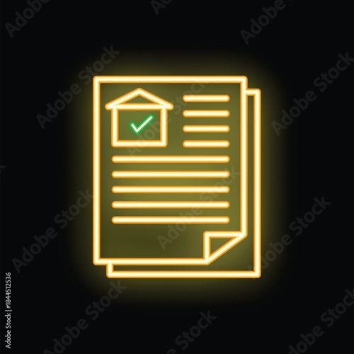 Glowing neon icon depicting successful house purchase agreement with checkmark, symbolizing home loan approval