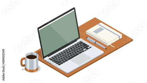 Isometric workspace with laptop, notebook, pen, and coffee on wooden desk