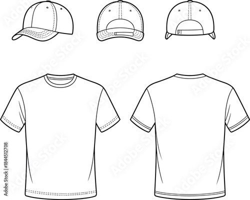 White t-shirt and baseball cap front back and side views apparel clothing