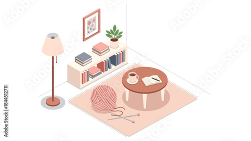 Cozy isometric reading nook with books and knitting supplies in minimalist design