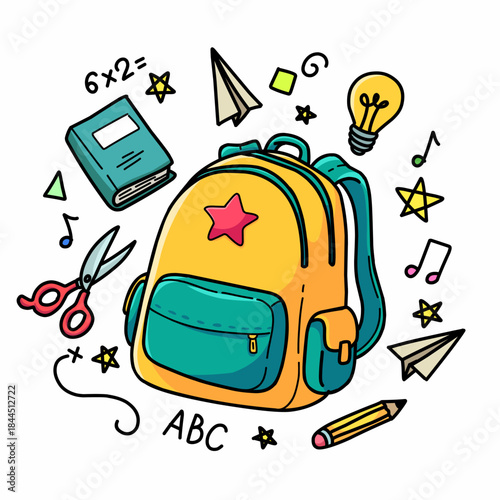 Cute vector illustration of a school backpack surrounded by education and learning elements like books, scissors, pencils, and musical notes