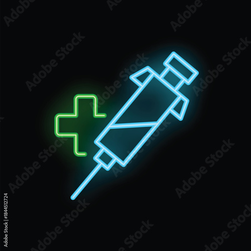 Glowing neon syringe with medicine and cross on a black background, representing healthcare, vaccination and medical treatment
